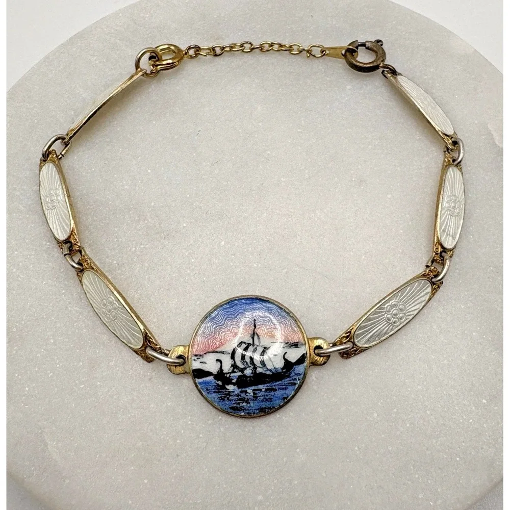 Vintage Sterling Silver Guilloche Enamel Bracelet Viking Ship Scandanavian READ
